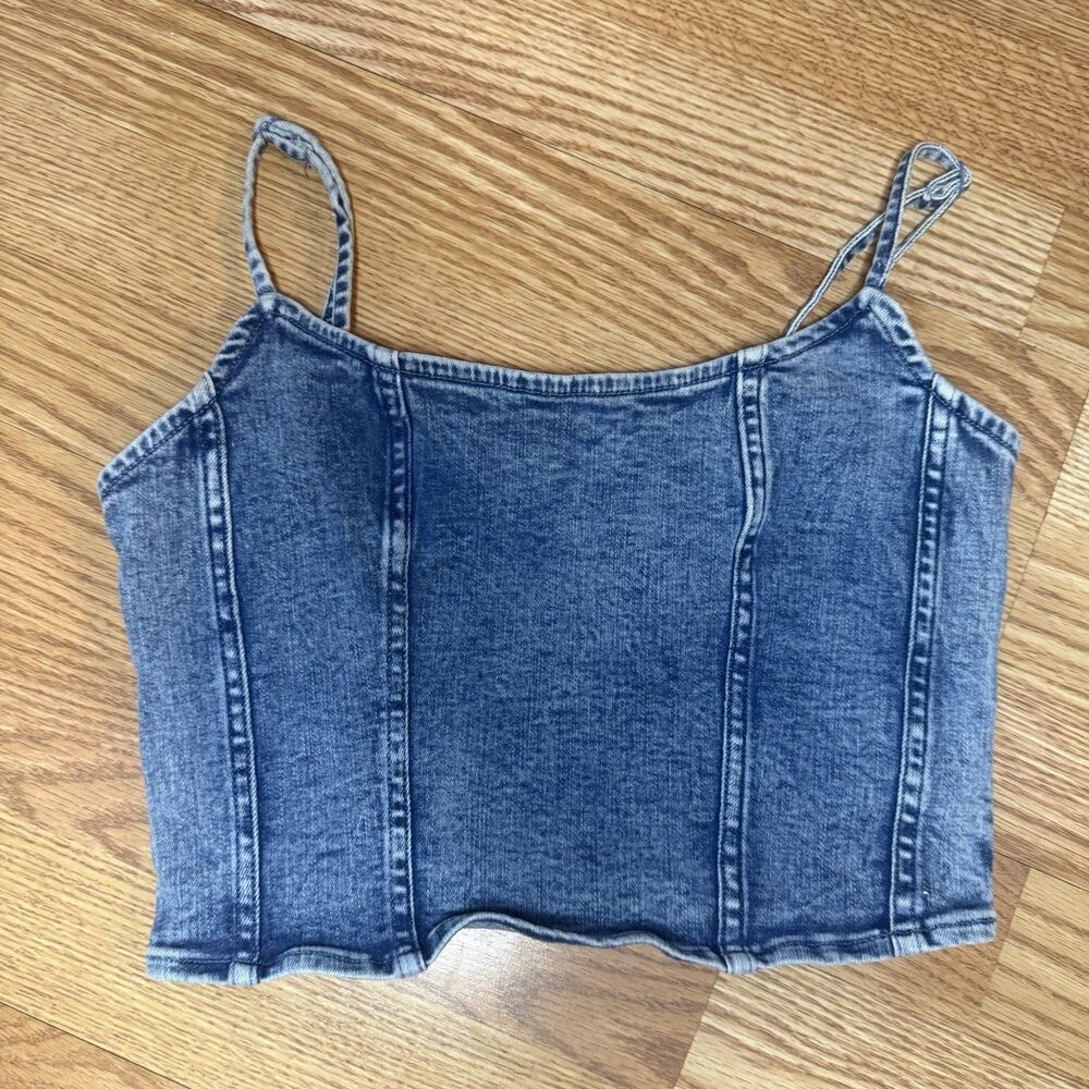 American Eagle Denim Tank Top Women Extra Small Spaghetti Strap Peplum Cropped